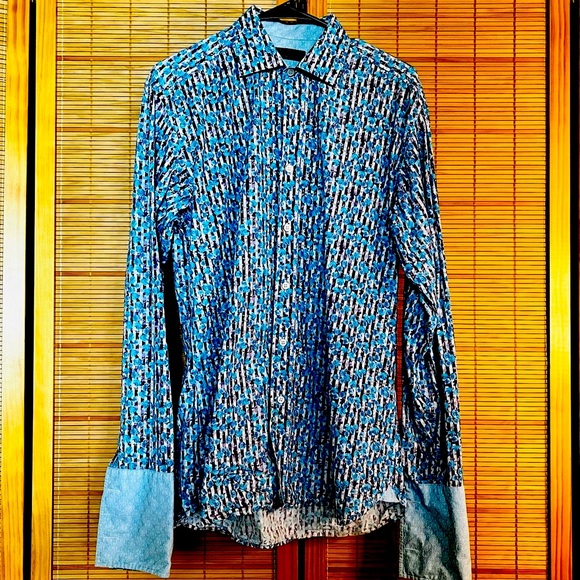 Ted Baker Men’s Button Down Blue Roses w/ Purple Stripes French Cuff Sz 15.5 - Picture 2 of 5